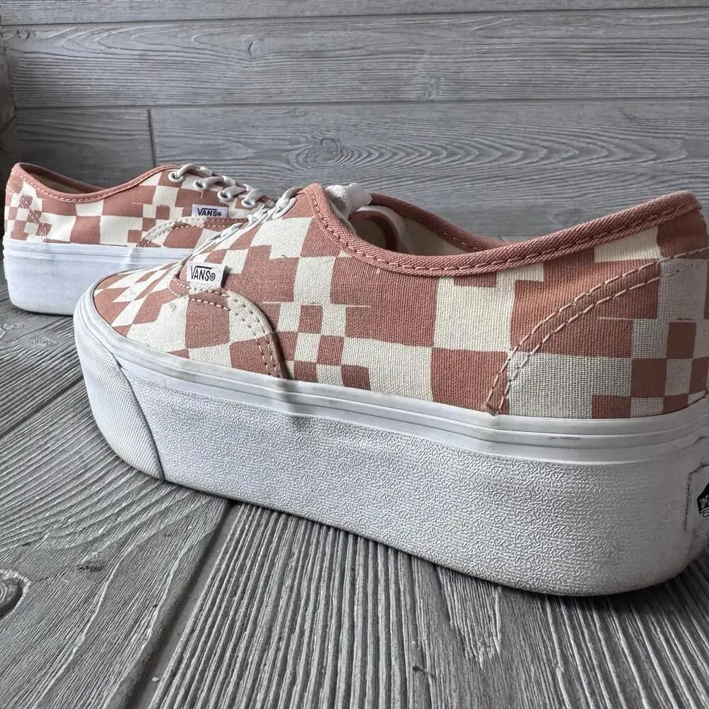 Vans Authentic Platform Sneakers Tan Checker Pixel Low Top Womens 7.5 Stacked - Picture 3 of 11